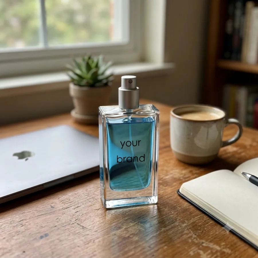 A plain phone photo of a perfume bottle on a desk